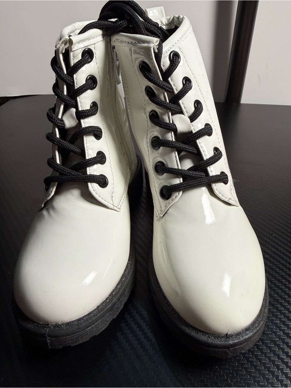 White Lace-Up Patent Combat Boots - Girls
